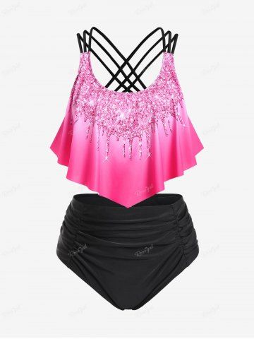 Plus Size 3D Sparkles Paint Drop Blobs Printed Strappy Overlay Tankini Swimsuit