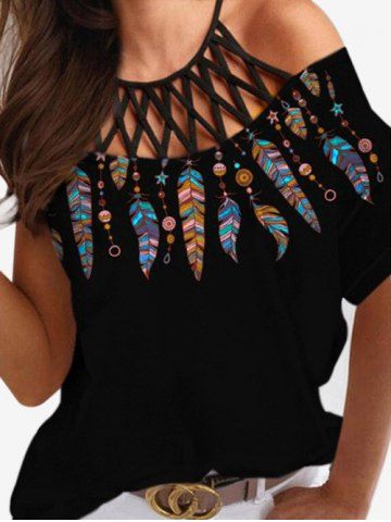 Plus Size Feather Print Crisscross Caged Cutout Strappy Top - BLACK - 3XL