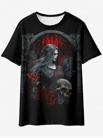 T-shirt Gothique Rose Crâne Chauve-souris Imprimés - BLACK - 6XL