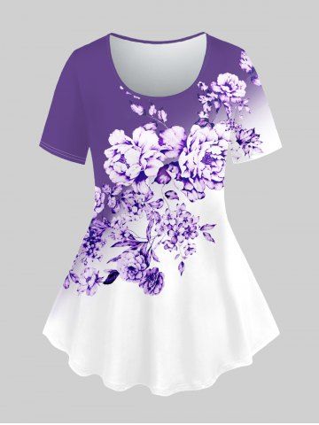 Plus Size Ombre Floral Print Short Sleeve T-shirt - PURPLE - M | US 10