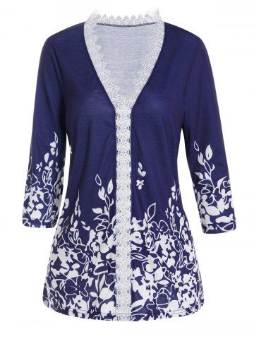 Printed Lace Insert Scalloped Plunging Neck Three Quater Sleeve T Shirt - BLUE - M