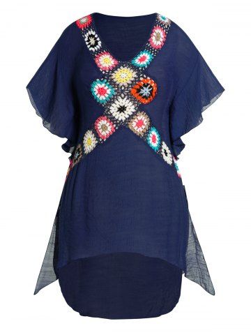 Plus Size Colored Flower Crochet Slit High Low Beach Cover-up Dress - DEEP BLUE - ONE SIZE