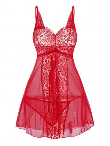 Sheer Flower Panel Slit Adjustable Strap Mesh Lingerie Set - RED - ONE SIZE