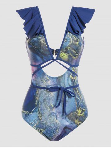 Marble Print Ruffles Cut Out Tie Knot Monokini One-piece Swimwear - MULTI-A - M