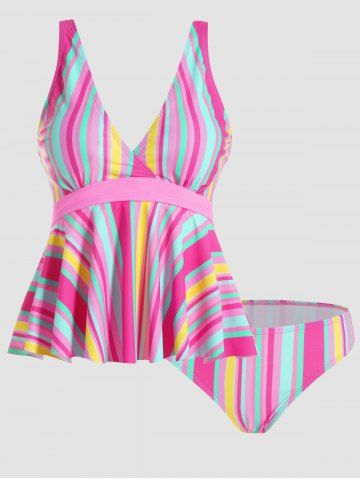 Colorful Stripe Print Plunge Padded Tankini Swimsuit - MULTI-A - M