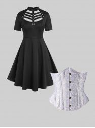 Gothic D-ring PU Leather Panel Ladder Cutout Dress And Gothic Lace-up Boning Underbust Brocade Corset Gothic Outfit -  
