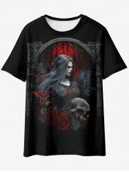 T-shirt Gothique Rose Crâne Chauve-souris Imprimés - Noir 6XL