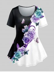 T-shirt Fleuri Papillon et Demi-Transparent de Grande Taille - Pourpre  5x | US 30-32