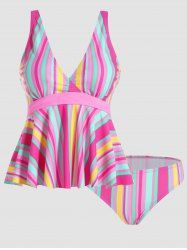 Colorful Stripe Print Plunge Padded Tankini Swimsuit -  