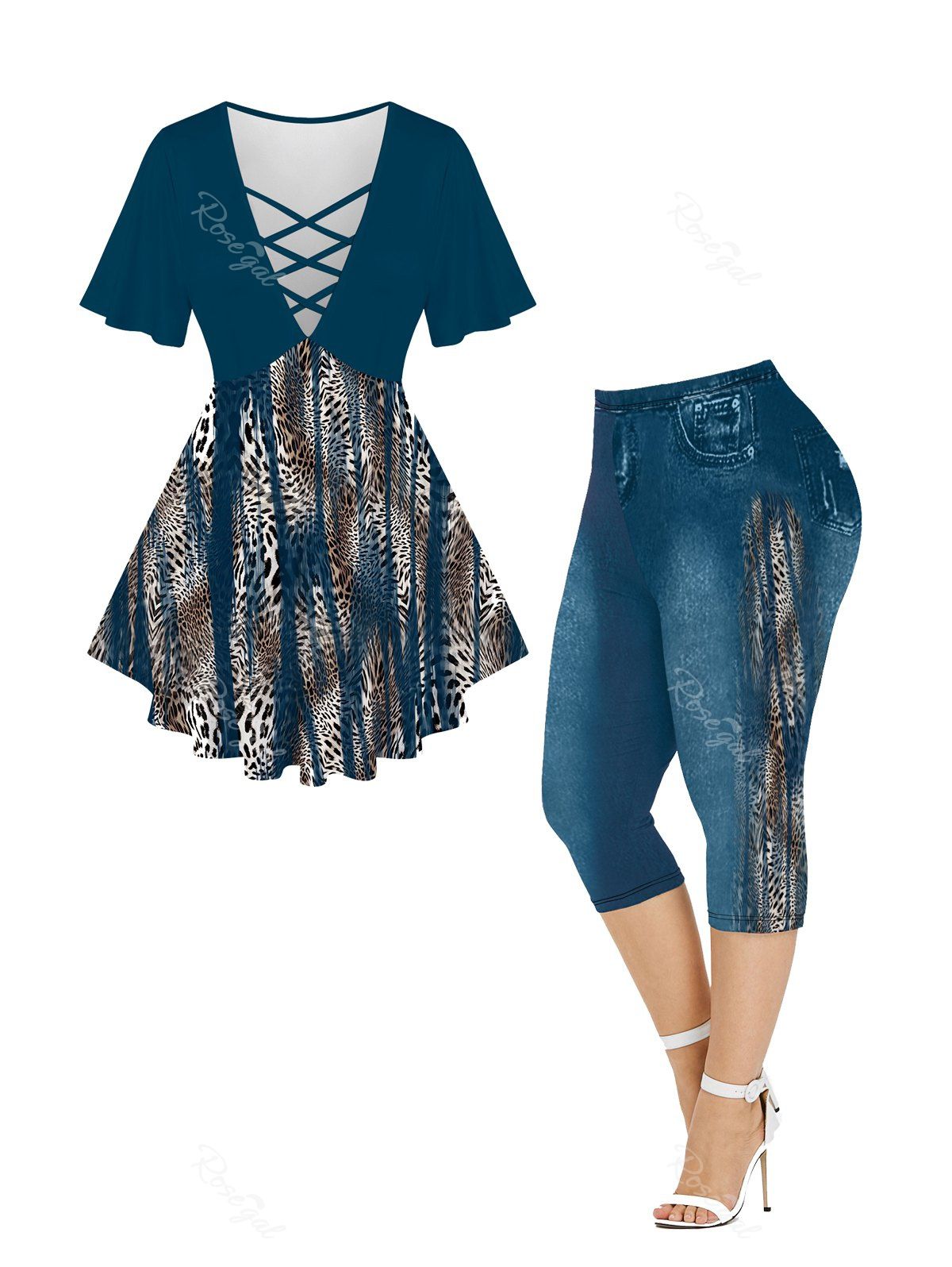 Shop Leopard Printed Crisscross Tee and Capri Jeggings Plus Size Outfits  