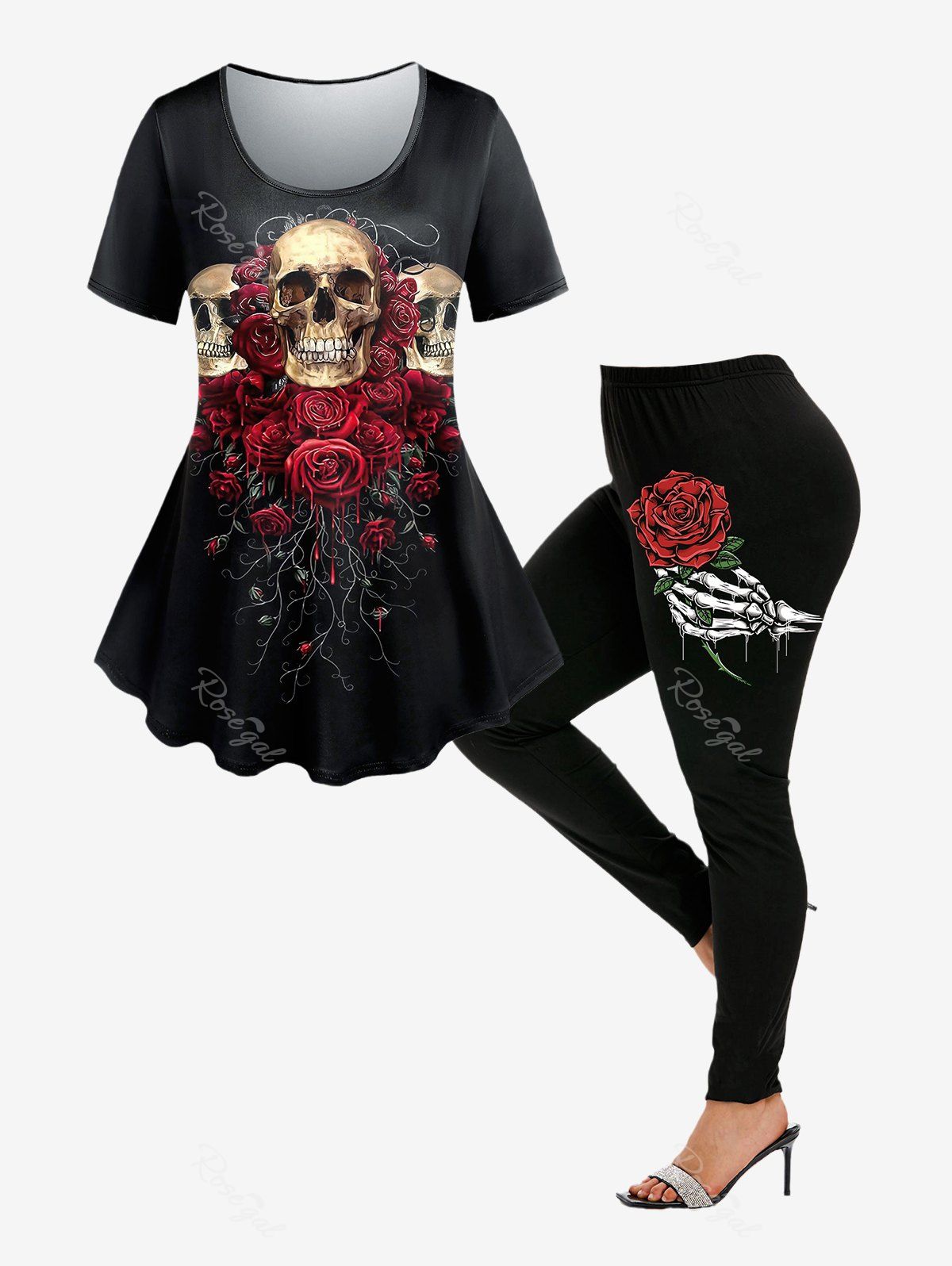 Discount Gothic Skull Floral Print T-shirt and Rose Skeleton Print Skinny Leggings Outfit  