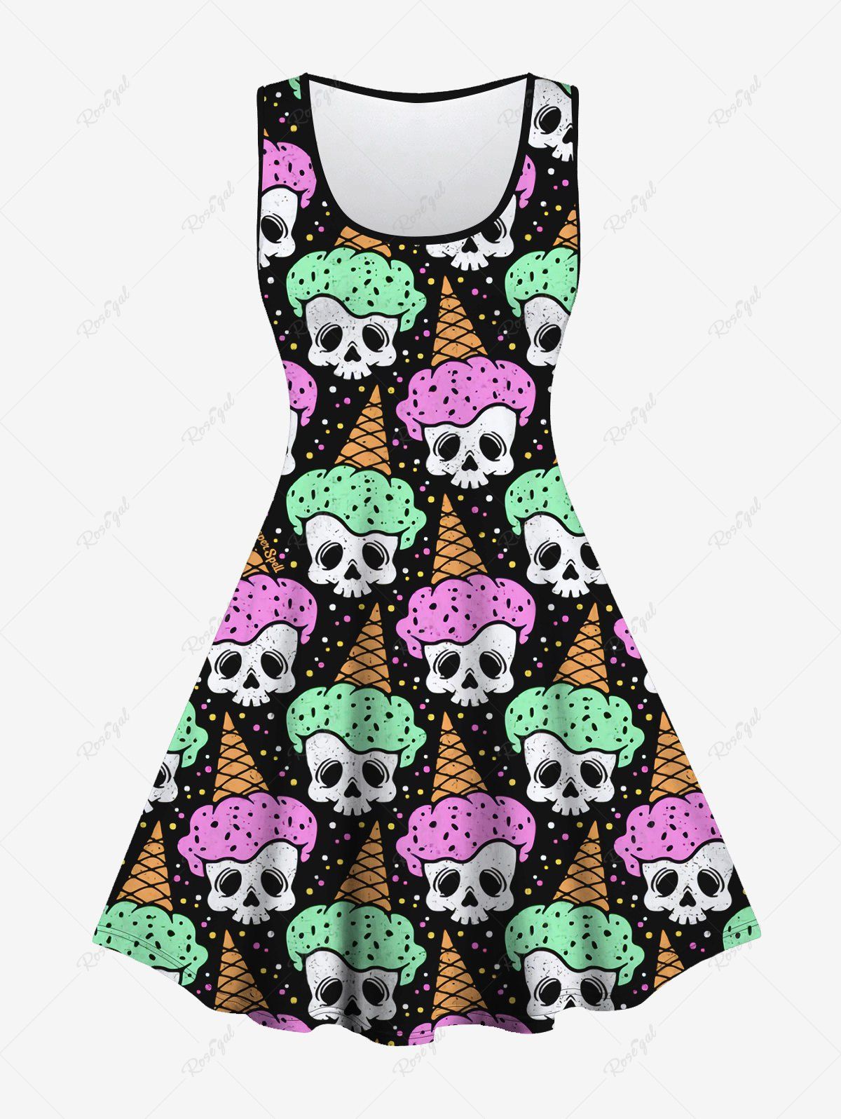 Unique Gothic Skull Ice Cream Print Sleeveless A Line Dress  