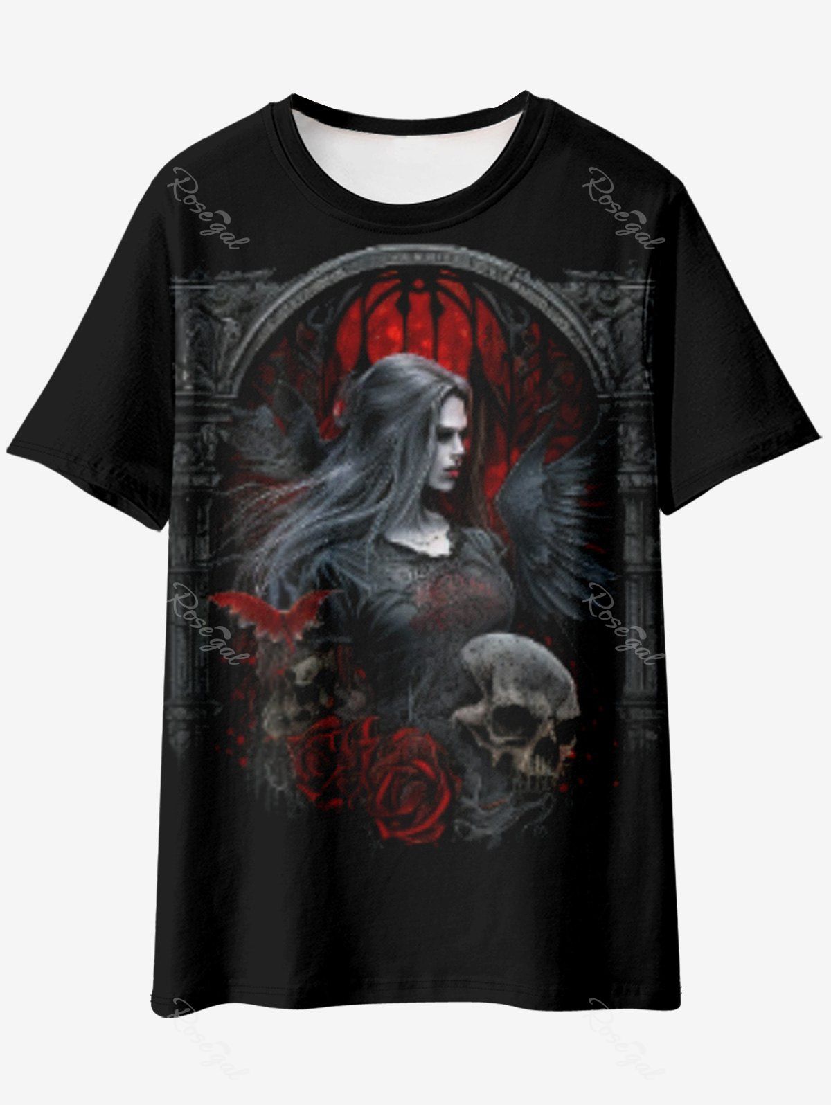 T-shirt Gothique Rose Crâne Chauve-souris Imprimés Noir 6XL