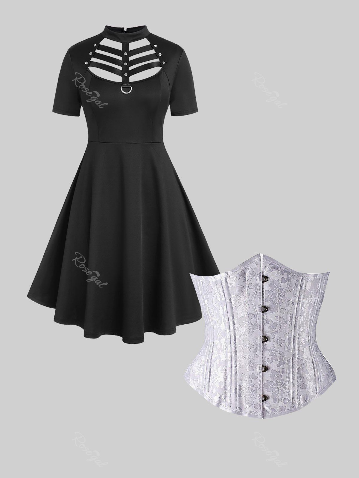 Unique Gothic D-ring PU Leather Panel Ladder Cutout Dress And Gothic Lace-up Boning Underbust Brocade Corset Gothic Outfit  