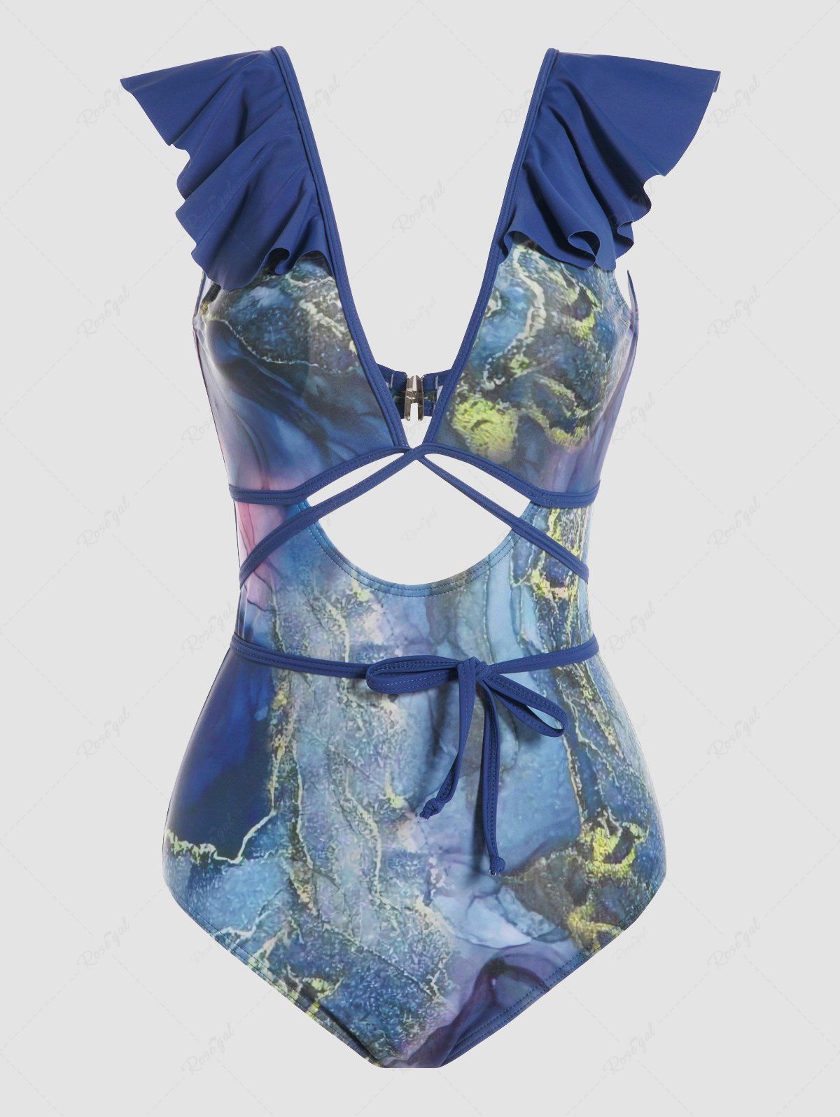 Fancy Marble Print Ruffles Cut Out Tie Knot Monokini One-piece Swimwear  