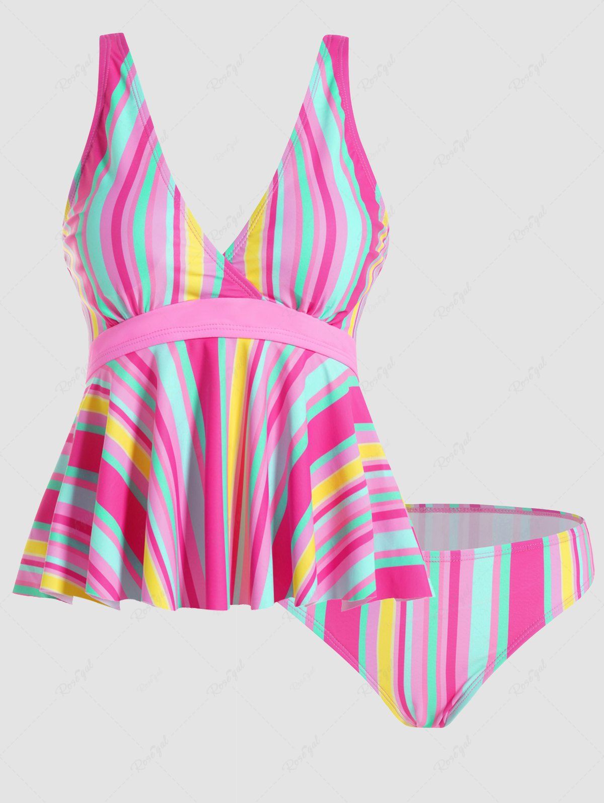 Online Colorful Stripe Print Plunge Padded Tankini Swimsuit  