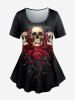 Gothic Skull Floral Print T-shirt and Rose Skeleton Print Skinny Leggings Outfit -  