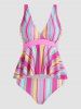 Colorful Stripe Print Plunge Padded Tankini Swimsuit -  