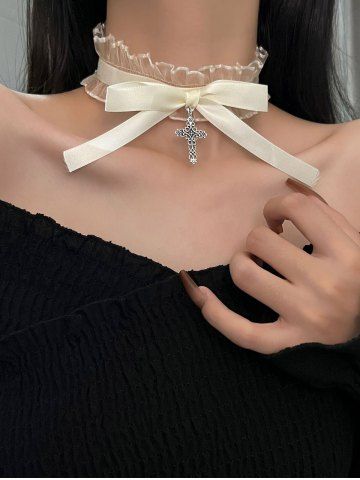 Gothic Lace Bow Cross Collar - WHITE