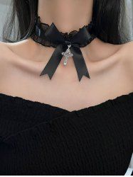 Collier en Dentelle avec Nœud et Croix Style Gothique - Noir 