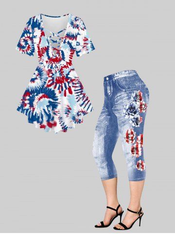 Tie Dye Printed Crisscross Tee and 3D Jeans Rose American Flag Printed Leggings Plus Size Summer Outfit - BLUE