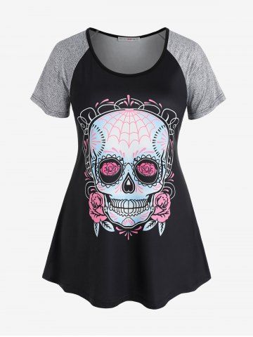 Plus Size Skull Print Raglan Sleeve Gothic Tee
