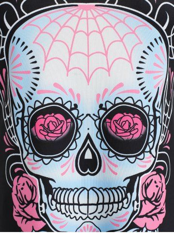 Plus Size Skull Print Raglan Sleeve Gothic Tee
