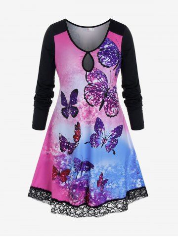 Plus Size Tie Dye Butterfly Print Lace Insert Keyhole T-shirt - LIGHT PINK - 1X