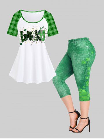 St Patrick's Day Clovers Raglan Sleeves Graphic Tee and Leggings Plus Size Summer Outfit