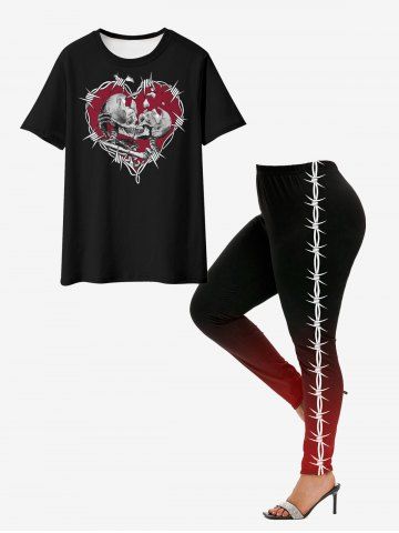 Gothic Skeleton Thorns Heart Graphic Tee And Plus Size Thorns Print Ombre Leggings Gothic Outfit - RED