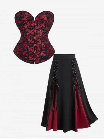 Gothic Lace Overlay Boning Overbust Corset And Gothic Lace Up Two Tone Godet Hem Midi A Line Skirt  Gothic Outfit - RED