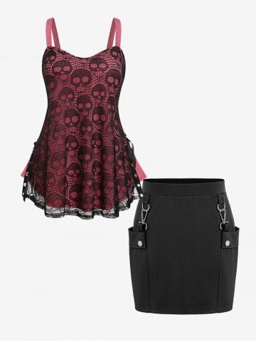 Plus Size Skull Lace Overlay Gothic Tank Top And Gothic Buckled Patch Pockets Mini Bodycon Skirt  Gothic Outfit - LIGHT PINK