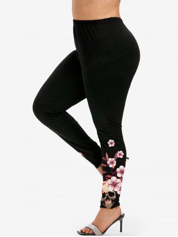 Gothic Floral Skull Print Skinny Leggings - BLACK - 4X | US 26-28