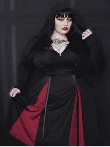 Lace Up Harness Half Zipper Hooded Godet A Line Gothic Midi Dress - BLACK - 1X | US 14-16