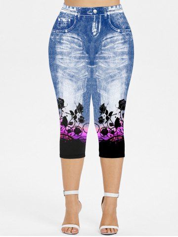 Plus Size 3D Jeans Flower Printed Ombre Capri Leggings