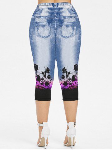 Plus Size 3D Jeans Flower Printed Ombre Capri Leggings