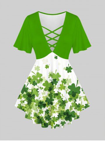 Plus Size Saint Patrick's Day Crisscross Strappy Printed T-shirt - GREEN - 2X | US 18-20