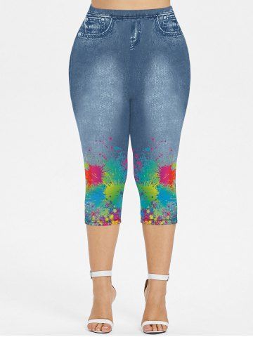 Plus Size 3D Jeans Paint Splatter Printed Capri Leggings