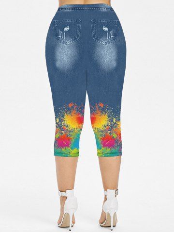 Plus Size 3D Jeans Paint Splatter Printed Capri Leggings