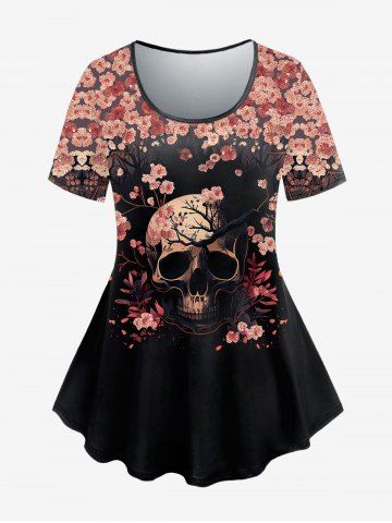 Gothic Floral Skull Print Short Sleeve T-shirt - BLACK - 1X | US 14-16