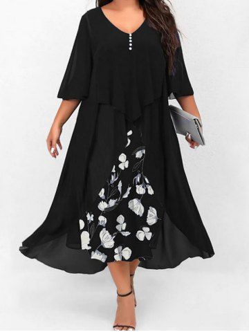 Plus Size Flutter Sleeves Mesh Overlay Floral A Line Midi Dress - BLACK - L