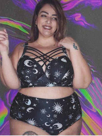 Plus Size High Rise Sun Moon Print Swim Bikini Briefs