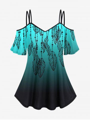 Plus Size Feathers Printed Ombre Cold Shoulder T-shirt - BLACK - 2X | US 18-20