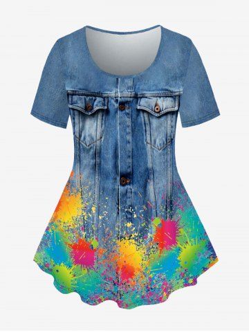 Plus Size 3D Denim Paint Splatter Printed Tee - BLUE - 3X | US 22-24