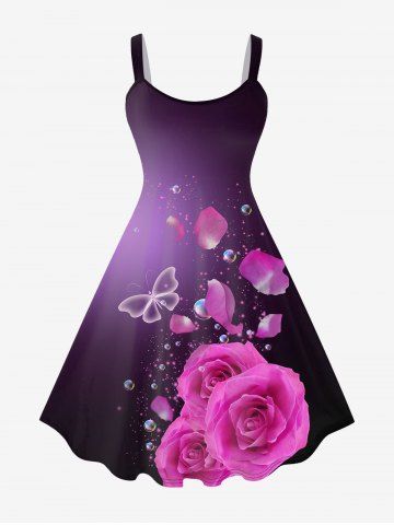 Vestido Talla Extra en Forma de a con Estampado de Rosa de Mariposa 3D - PURPLE - S | US 8