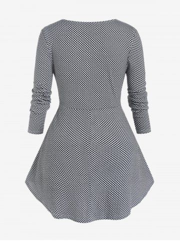 Plus Size Plaid Ruffles Long Sleeves T Shirt with Tie