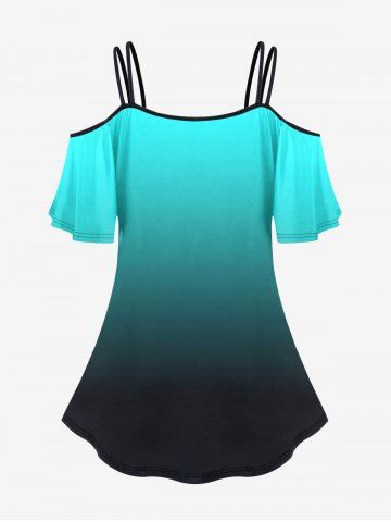 Plus Size Feathers Printed Ombre Cold Shoulder T-shirt