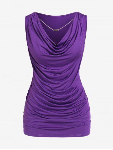 Plus Size Draped Ruched Cowl Neck Tank Top with Chain - PURPLE - L | US 12