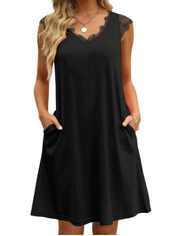 Plain Color Lace Insert Scalloped V Neck Cap Sleeve Side Pockets A Line Mini Dress - BLACK - L