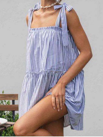 Vertical Stripe Print Bowknot Shoulder Ruffles Mini Babydoll Dress - LIGHT BLUE - S